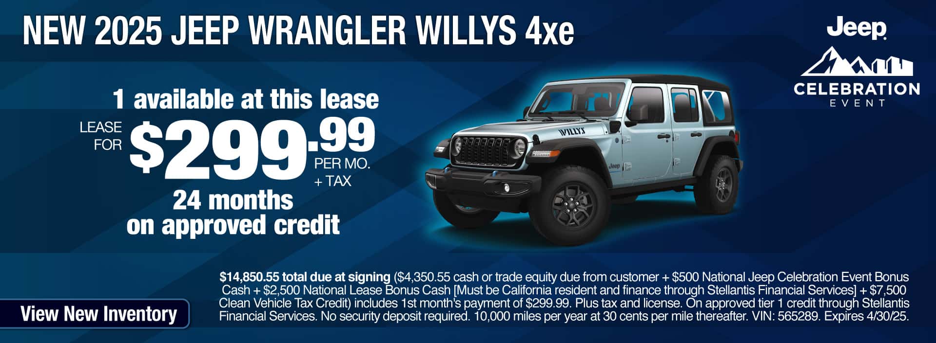 Lease a New 2025 Jeep Wrangler Willys 4xe for $299.99 per month for 24 months on approved credit. Expires 4/30/25.