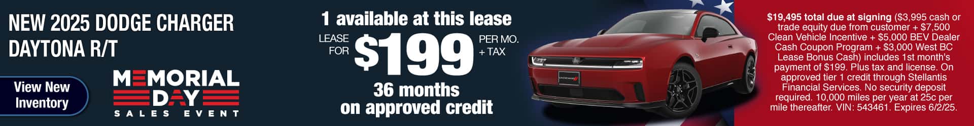 Lease a New 2025 Dodge Charger Daytona R/T for $199 per month for 36 months on approved credit. Expires 6/2/25.