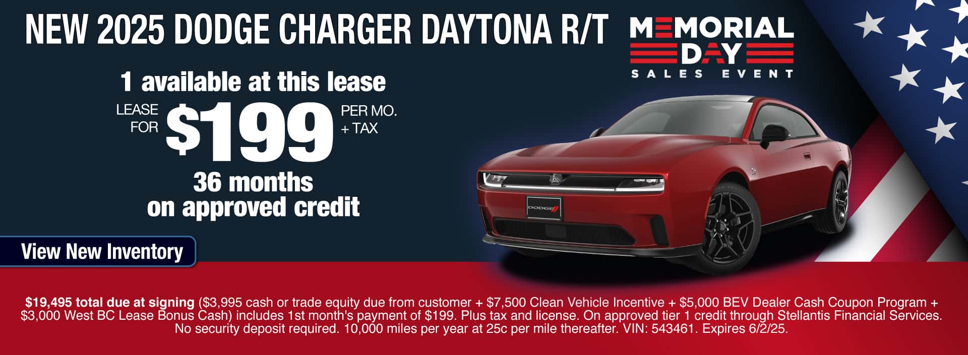 Lease a New 2025 Dodge Charger Daytona R/T for $199 per month for 36 months on approved credit. Expires 6/2/25.
