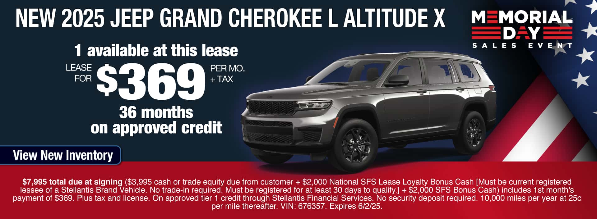 Lease a New 2025 Jeep Grand Cherokee L Altitude X for $369 per month for 36 months on approved credit. Expires 6/2/25.