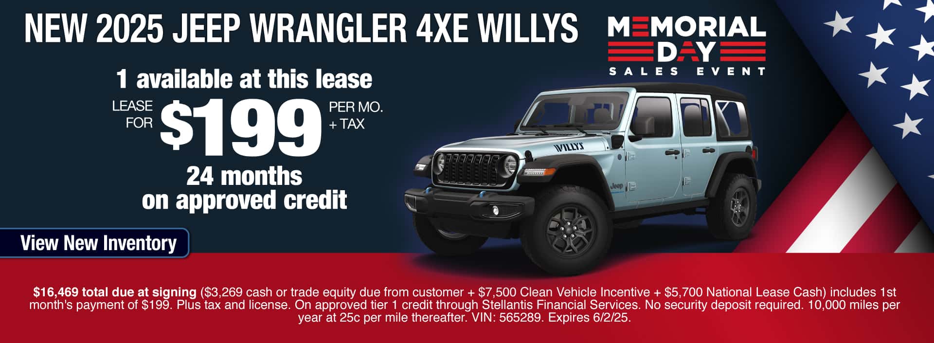 Lease a New 2025 Jeep Wrangler 4xe Willys for $199 per month for 24 months on approved credit. Expires 6/2/25.