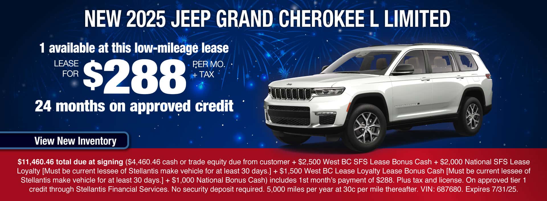 Lease a New 2025 Jeep Grand Cherokee L Limited for $288 per month + tax. Expires 7/31/25.