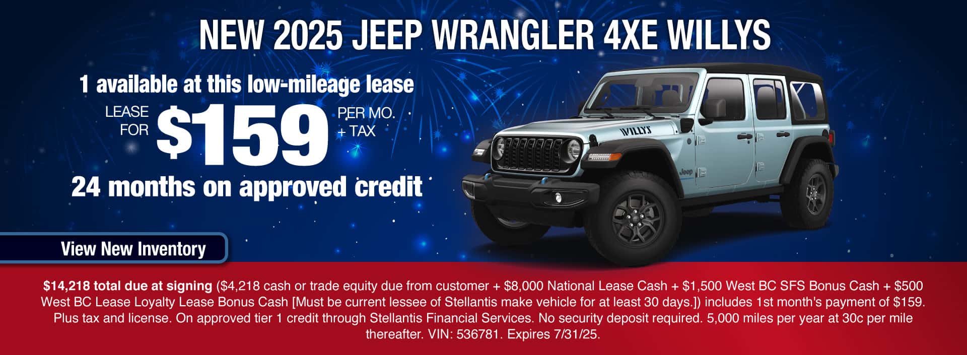 Lease a New 2025 Jeep Wrangler 4xe Willys for $159 per month + tax. Expires 7/31/25.