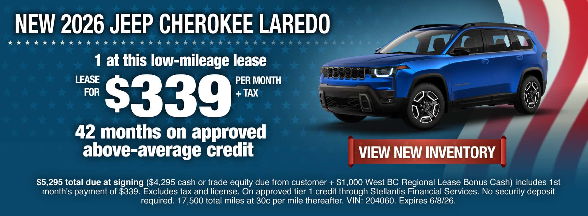 Lease a New 2026 Jeep Cherokee Laredo for $339 per month + tax for 42 months on approved above-average credit. Expires 6/8/26.