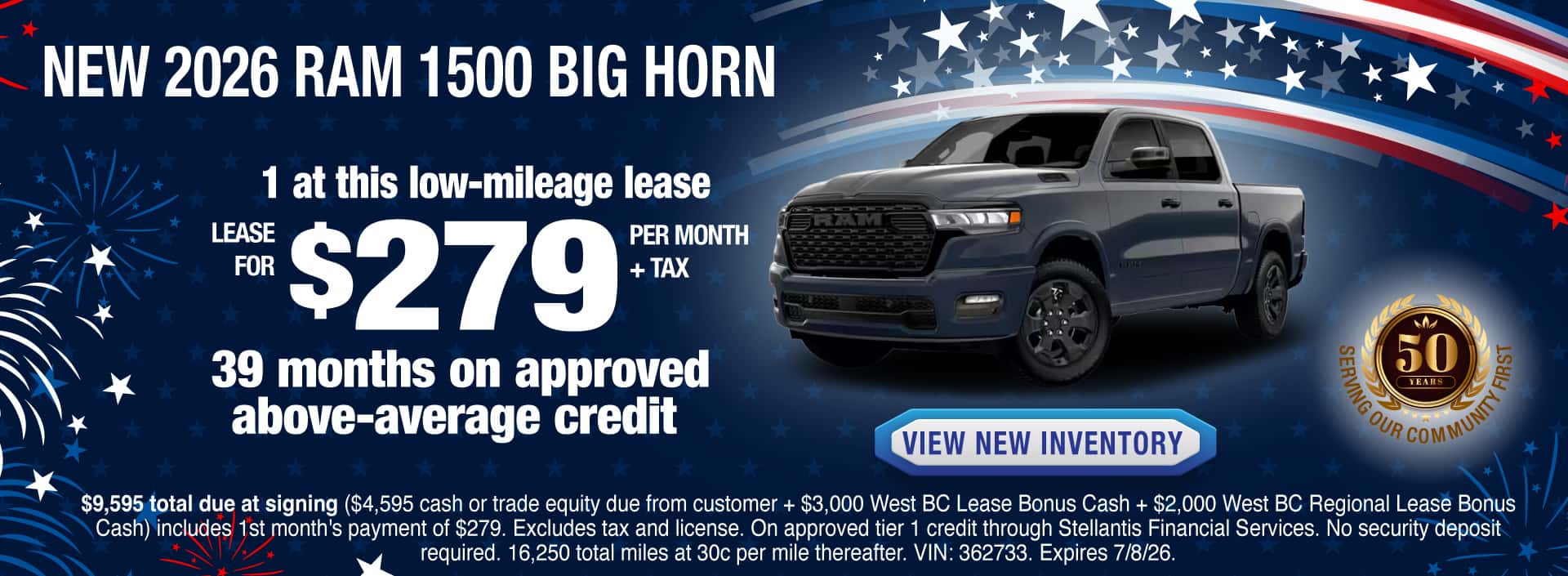 Lease a New 2026 RAM 1500 Big Horn for $279 per month + tax for 39 months on approved above-average credit. Expires 7/8/26.