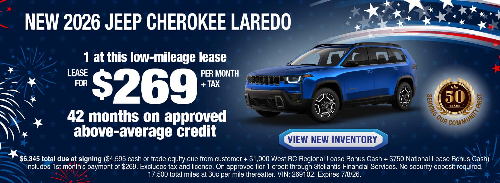 Lease a New 2026 Jeep Cherokee Laredo for $269 per month + tax for 42 months on approved above-average credit. Expires 7/8/26.