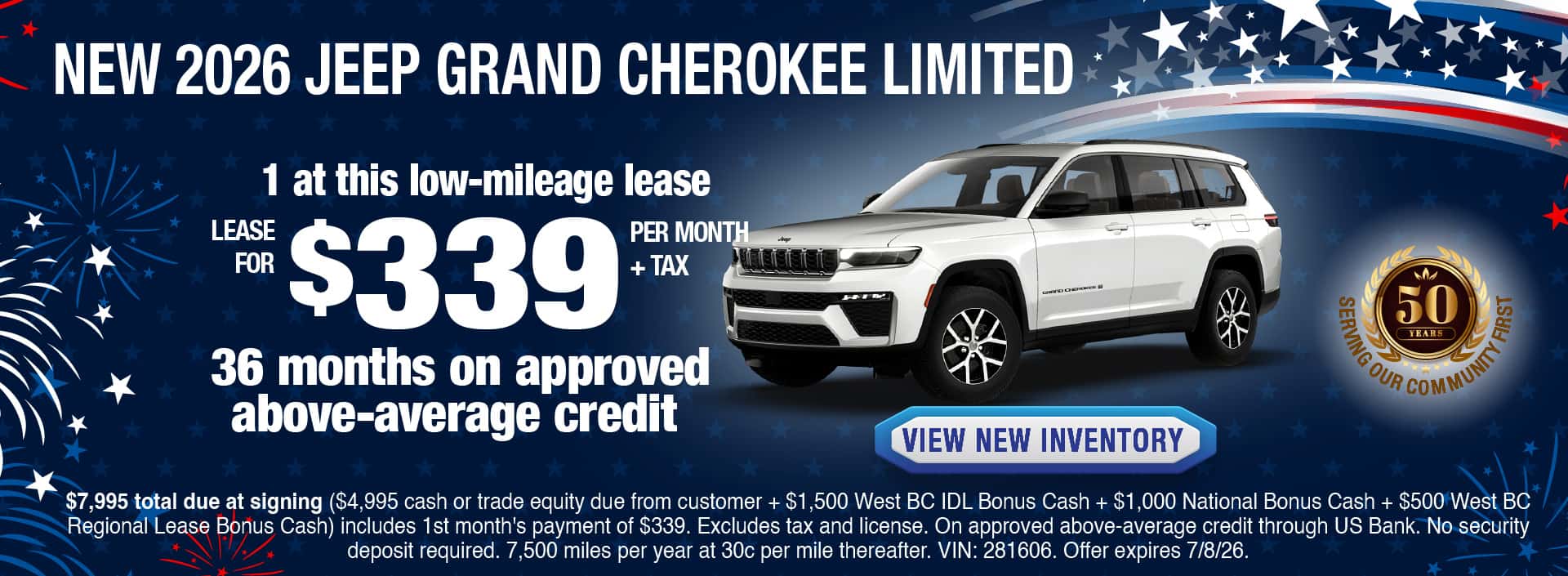 Lease a New 2026 Jeep Grand Cherokee Limited for $339 per month + tax for 36 months on approved above-average credit. Offer expires 7/8/26.