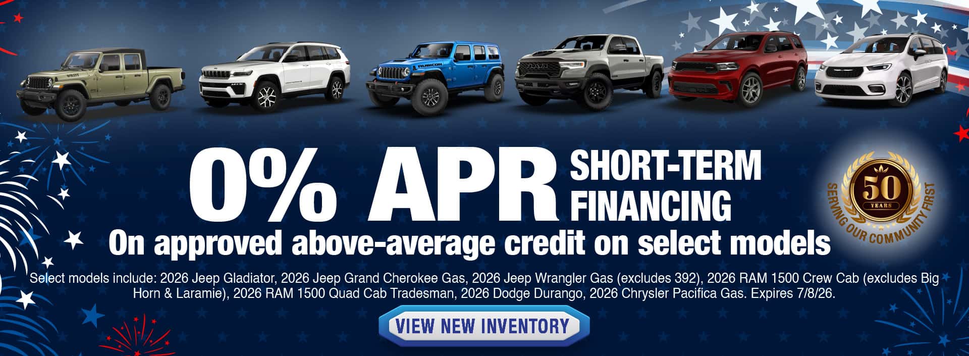 Get 0% APR Short-term financing On approved above-average credit on Stellantis select models. Expires 7/8/26.