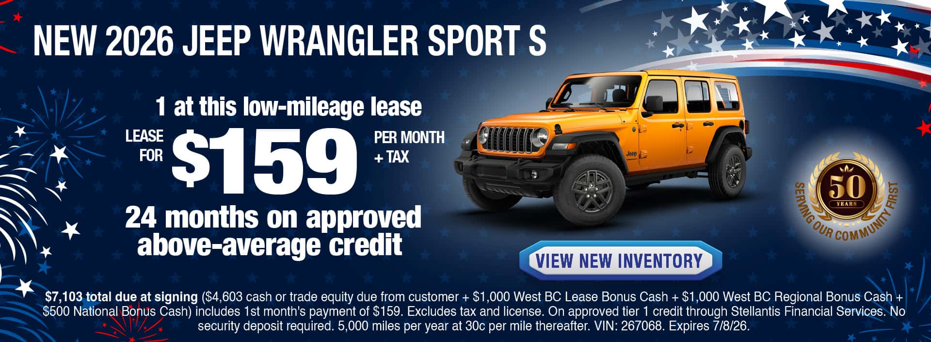 Lease a New 2026 Jeep Wrangler Sport S for $159 per month + tax for 24 months on approved above-average credit. Expires 7/8/26.