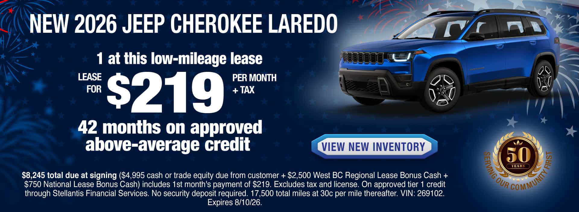 Lease a New 2026 Jeep Cherokee Laredo for $219 per month + tax for 42 months on approved above-average credit. Expires 8/10/26.