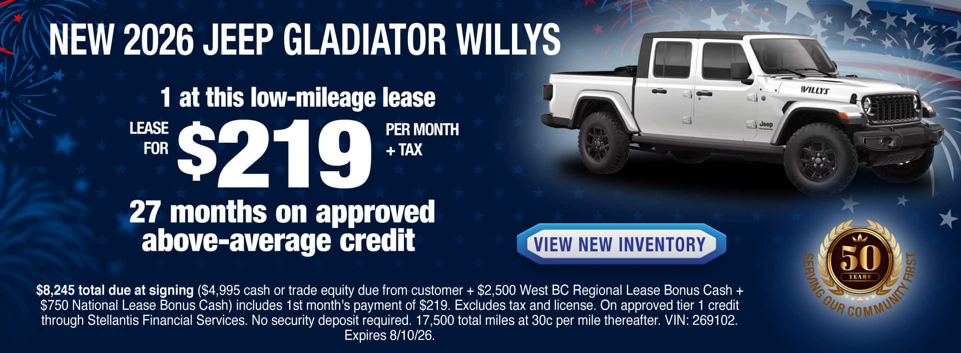 Lease a New 2026 Jeep Gladiator Willys for $219 per month + tax for 27 months on approved above-average credit. Expires 8/10/26.