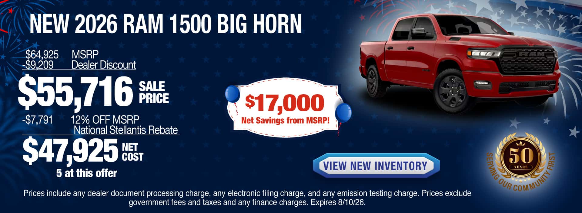 Purchase a New 2026 RAM 1500 Big Horn with $17,000 Net Savings from MSRP! Expires 8/10/26.