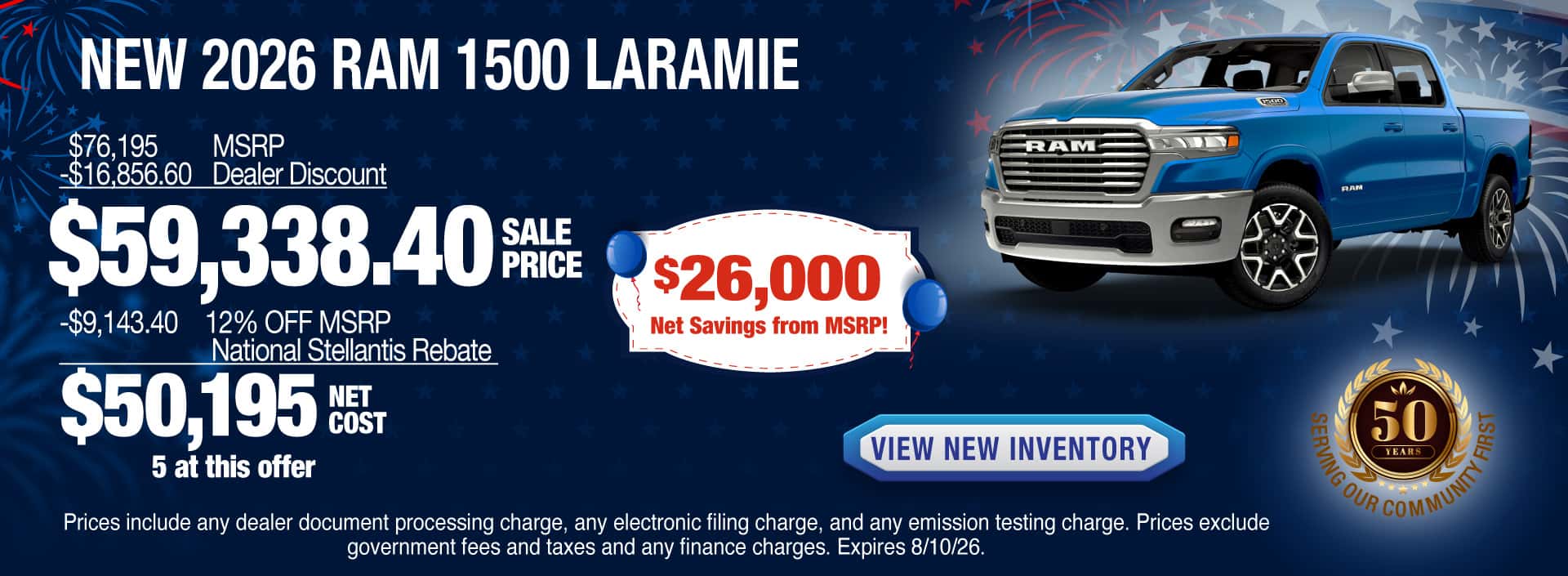 Purchase a New 2026 RAM 1500 Laramie with $26,000 Net Savings from MSRP! Expires 8/10/26.