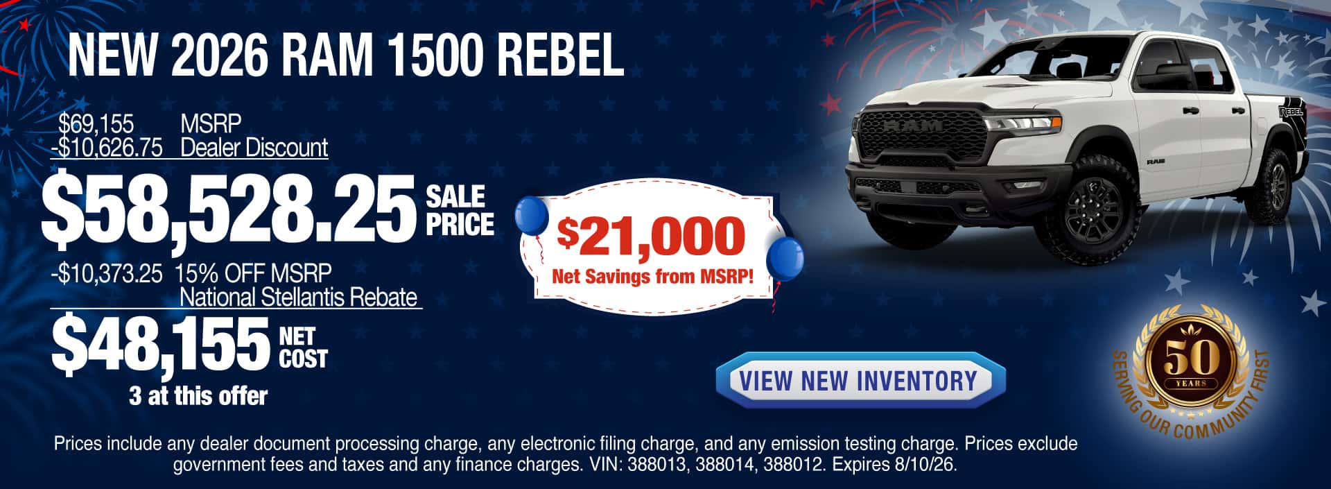 Purchase a New 2026 RAM 1500 Rebel with $21,000 Net Savings from MSRP! Expires 8/10/26.