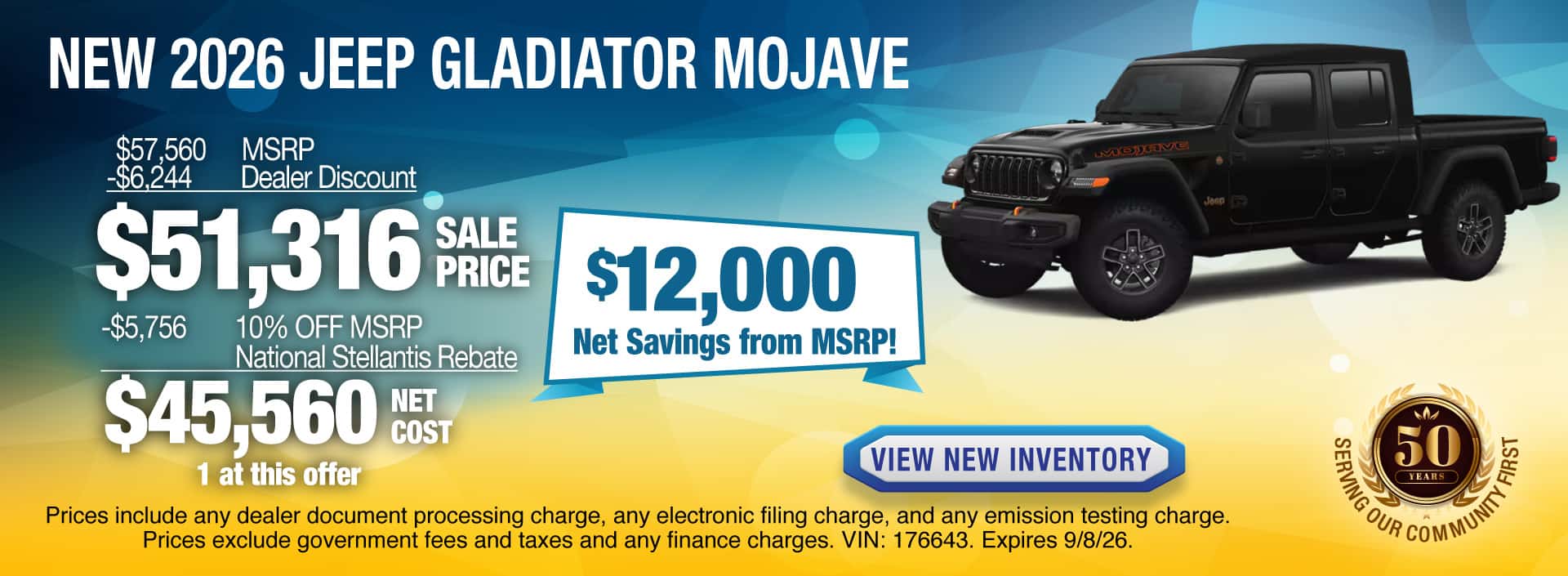 Purchase a New 2026 Jeep Gladiator Mojave with $12,000 Net Savings from MSRP! Expires 9/8/26.