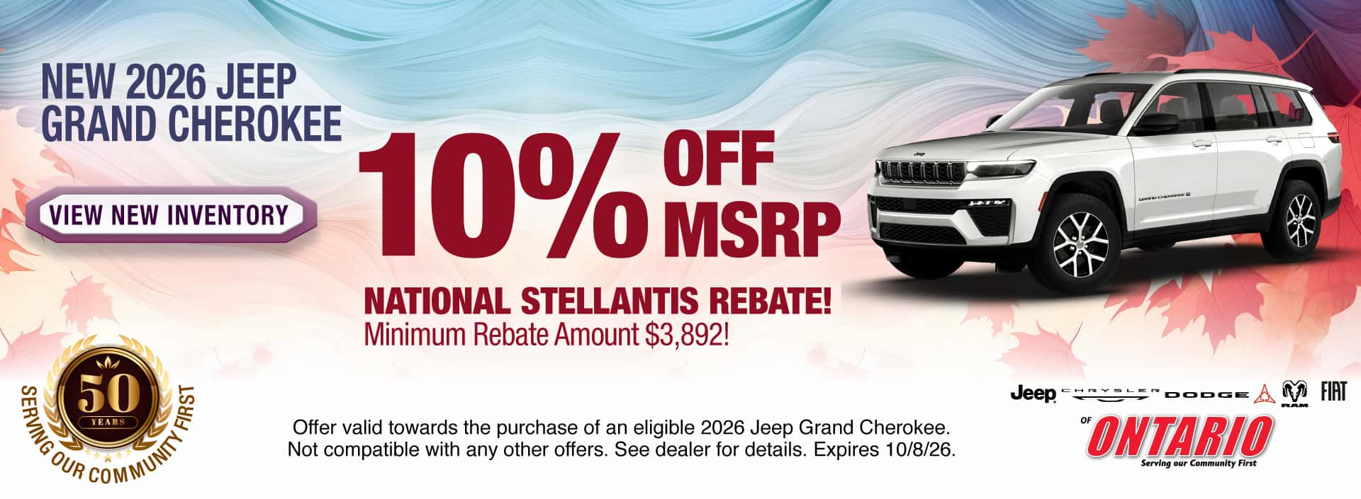 Get 10% off MSRP National Stellantis Rebate on New 2026 Jeep Grand Cherokee! Minimum Rebate Amount $3,892! Offer valid towards the purchase of an eligible 2026 Jeep Grand Cherokee. Not compatible with any other offers. See dealer for details. Expires 10/8/26.