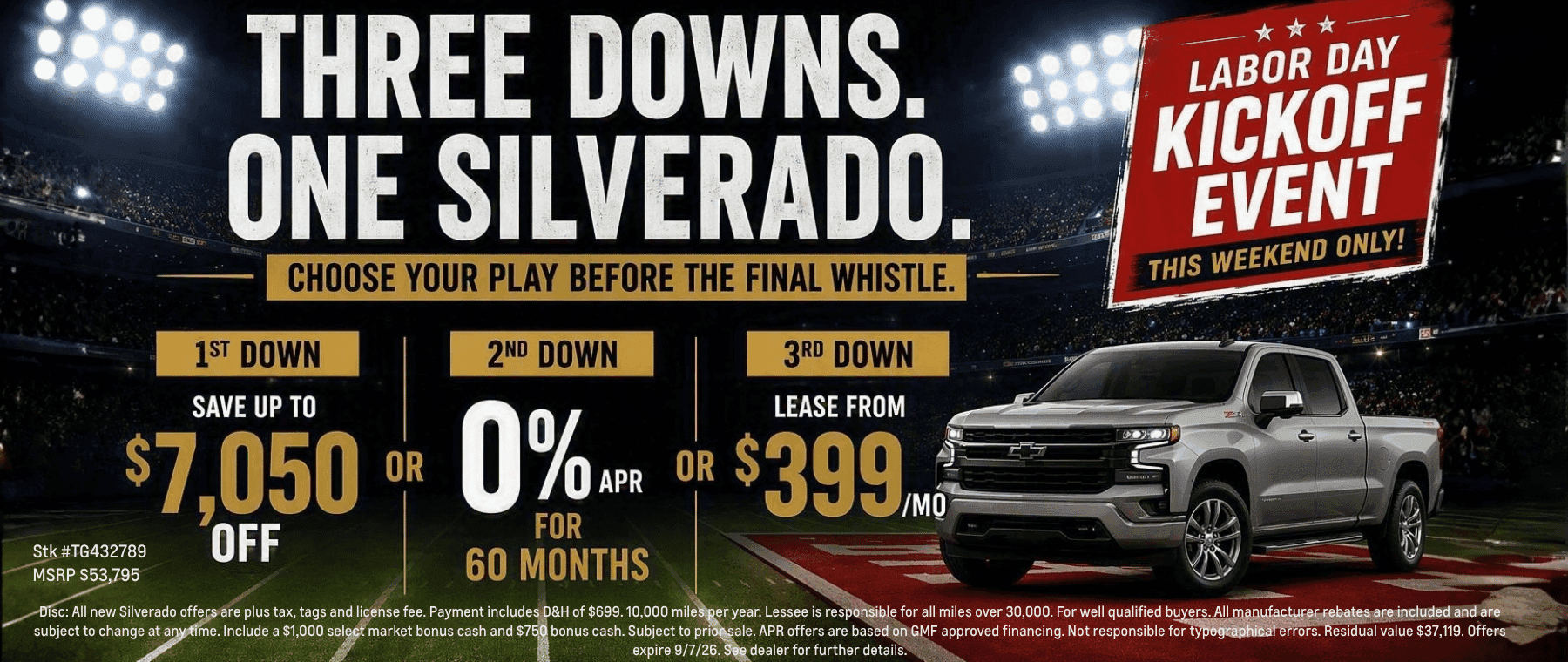 Labor day offer of $7050 discount, zero percent APR or Lease for $399. Shows disclaimer and image of 2026 Silverado