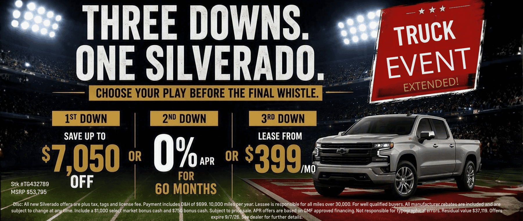 3 ways to buy a Silverado football theme with $7050 discount, 0% for 60 months of lease for $399/m