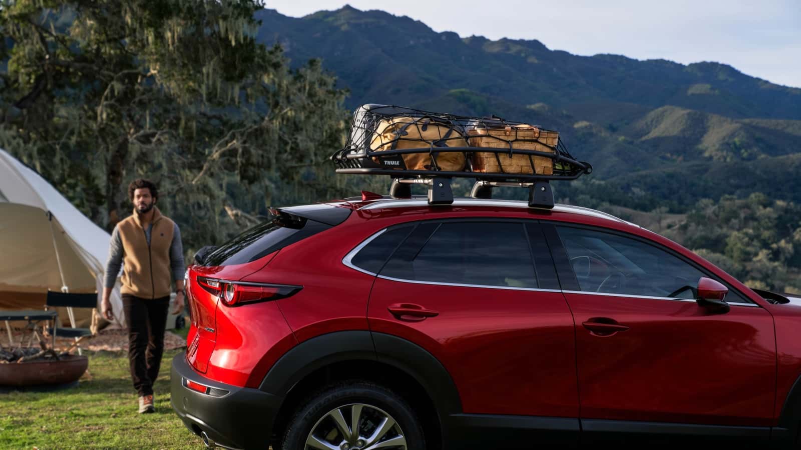 Red Mazda CX-5 with a roof rack