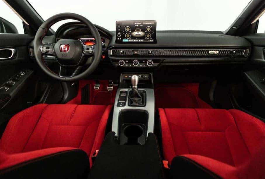 View of interior of the 2023 Honda Civic Type R with red accent