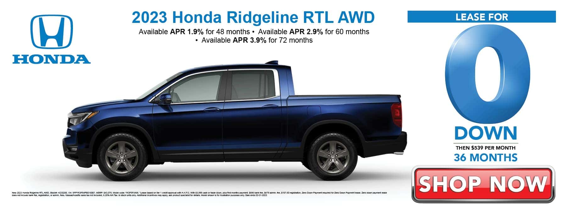 Lease the 2023 Honda Ridgeline RTL for $0 Down then $539 per month for 36 months
