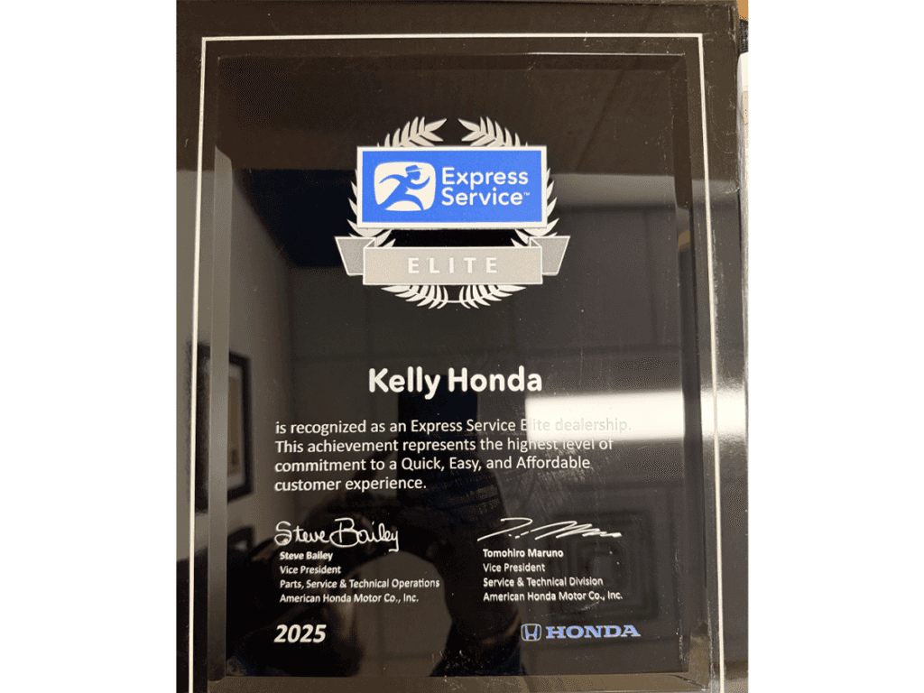 2025 Express Service Elite Status from American Honda Plaque at Kelly Honda