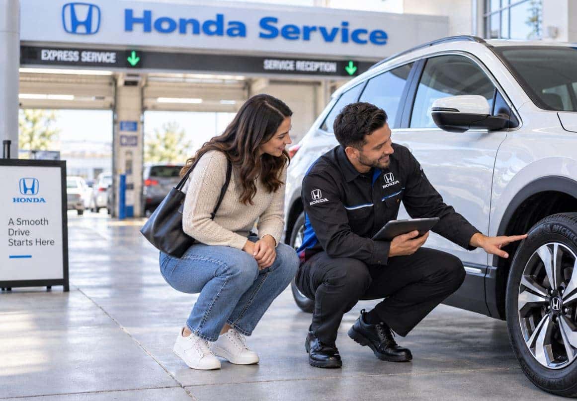 Honda service advisor reviewing a Honda vehicle and tire with a customer