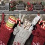 Stuffed stockings hanging on a fireplace on christmas morning