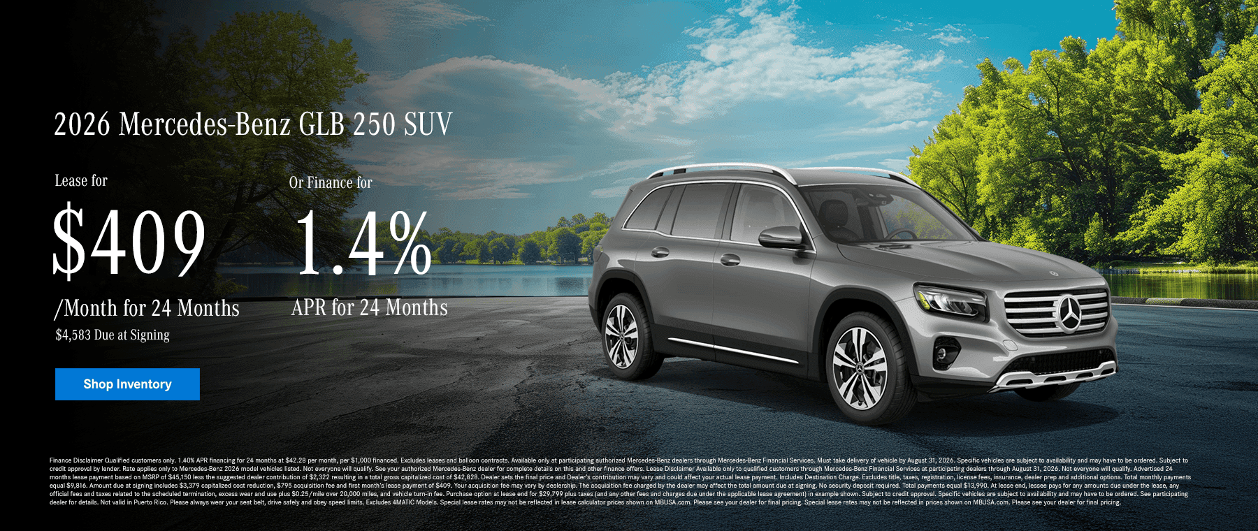 2026 GLB 250 SUV Lease for $409 per month, $4583 due at signing OR 1.4% APR for 24 months
