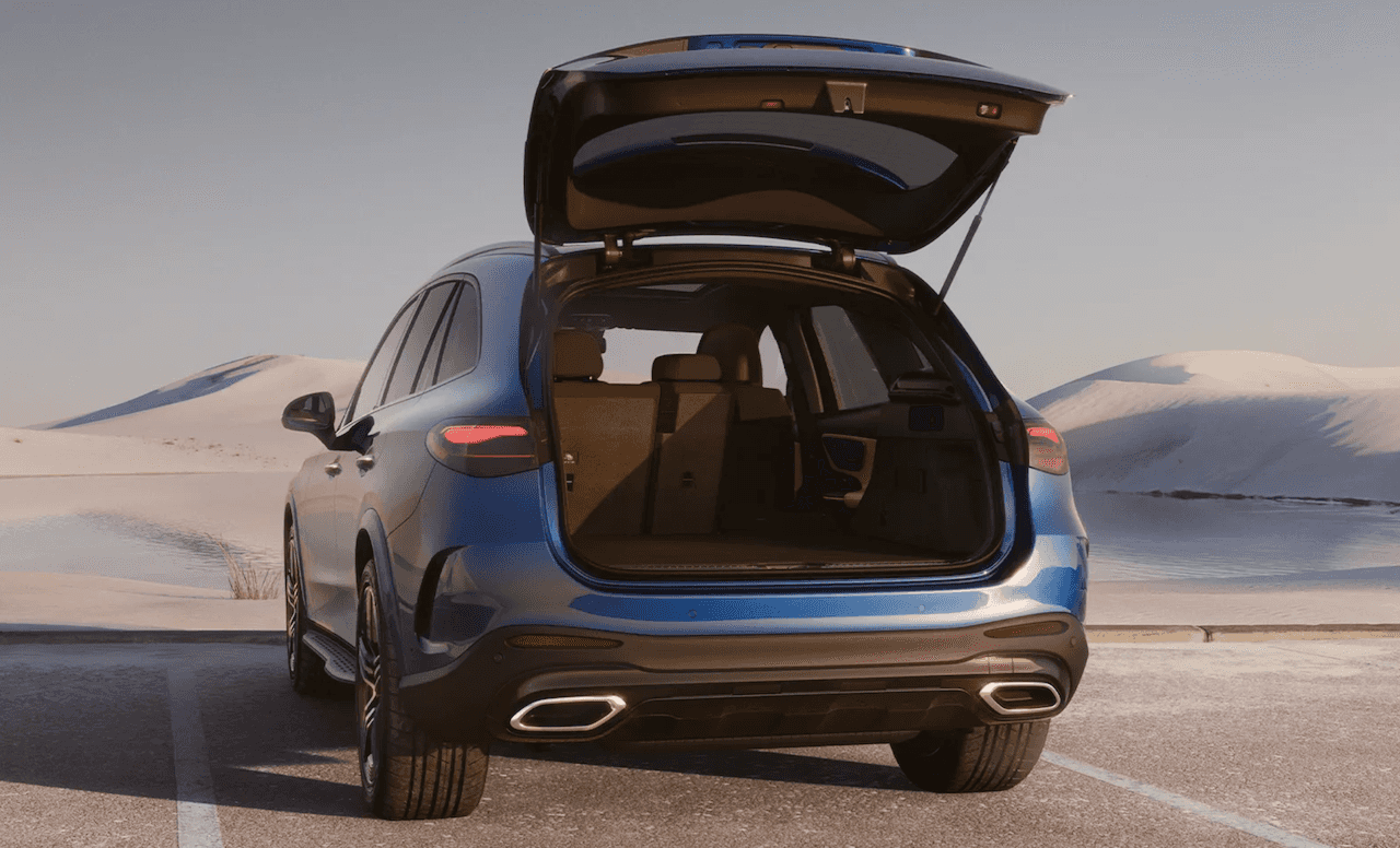 Open trunk of blue 2026 Mercedes-Benz GLC SUV in Fayetteville, NC