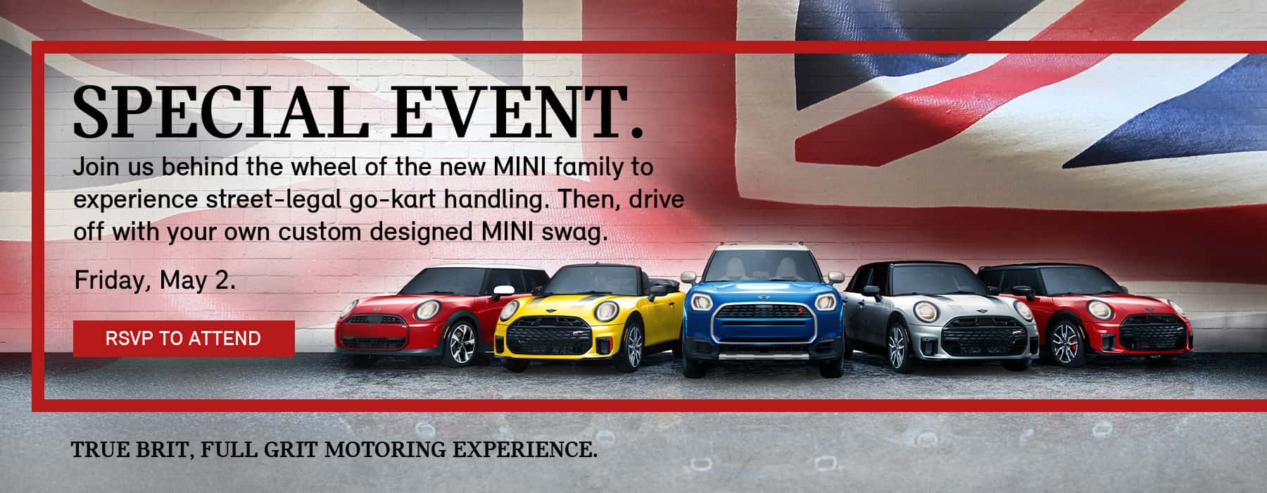 Front view of MINI fleet parked in front of a multicolored flag.