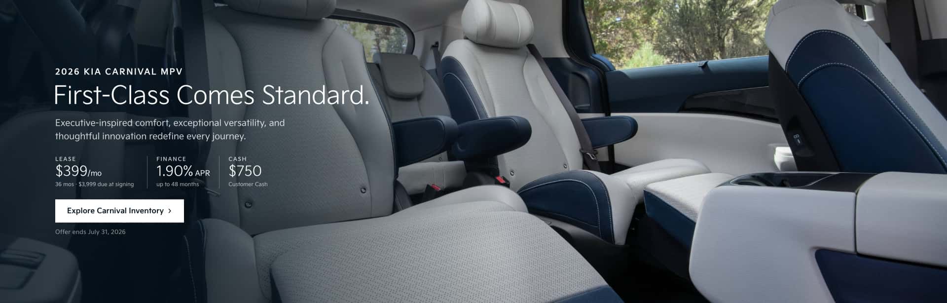 Interior of the 2026 Kia Carnival MPV featuring premium lounge-style seating and upscale cabin design at Kia of Myrtle Beach in Myrtle Beach, South Carolina.