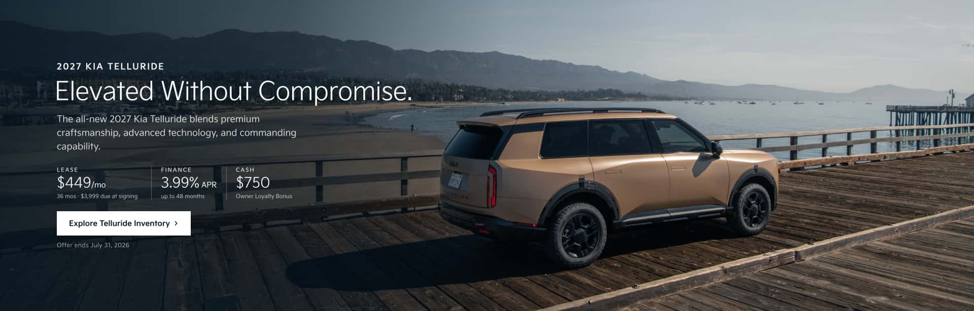 2027 Kia Telluride luxury SUV displayed on a modern pier showcasing premium design and advanced capability, available at Kia of Myrtle Beach in Myrtle Beach, SC.