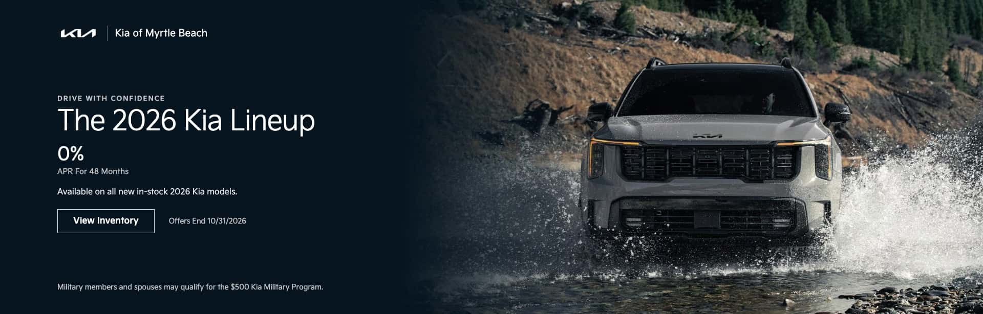 2026 Kia Sorento crossing a mountain stream, 0% APR for 48 months on the 2026 Kia lineup at Kia of Myrtle Beach