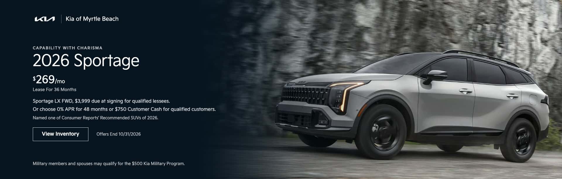 2026 Kia Sportage at Kia of Myrtle Beach, lease for $269 per month for 36 months through October 31, 2026