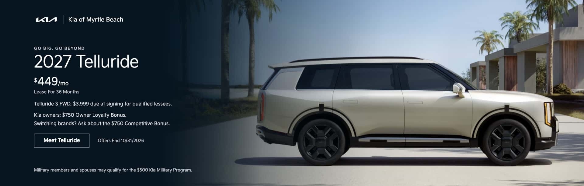 2027 Kia Telluride at Kia of Myrtle Beach, lease for $449 per month for 36 months through October 31, 2026