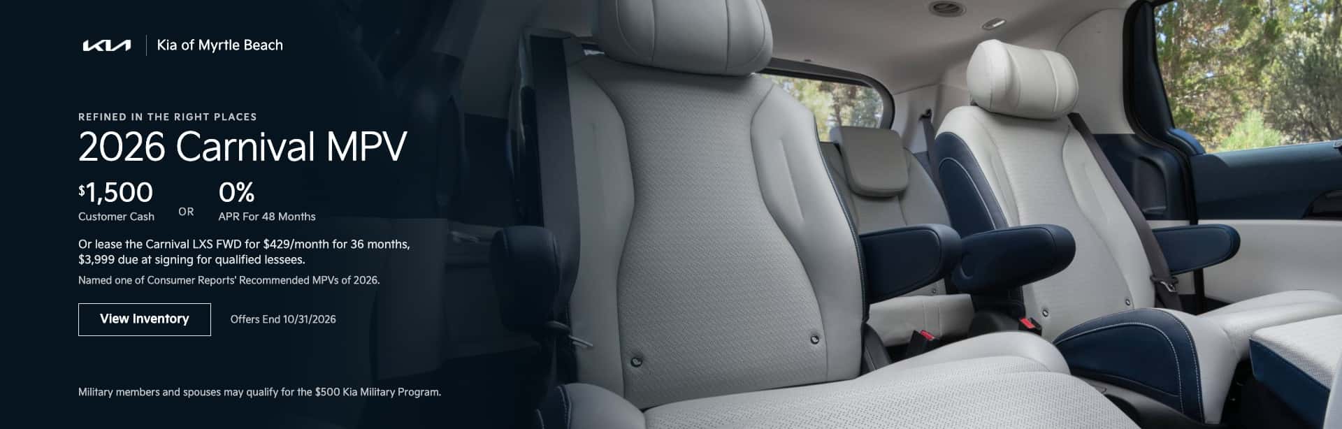 2026 Kia Carnival MPV interior at Kia of Myrtle Beach, $1,500 Customer Cash or 0% APR for 48 months
