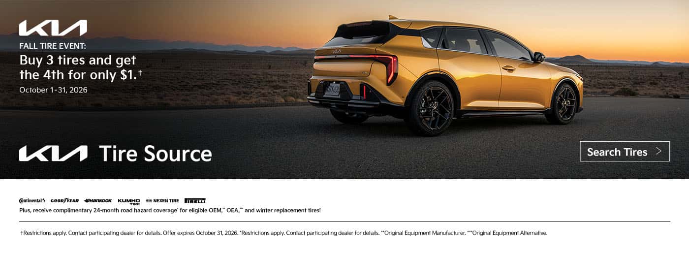 Kia Fall Tire Event at Kia of Myrtle Beach offering buy 3 eligible tires and get the 4th for $1 through October 31, 2026.