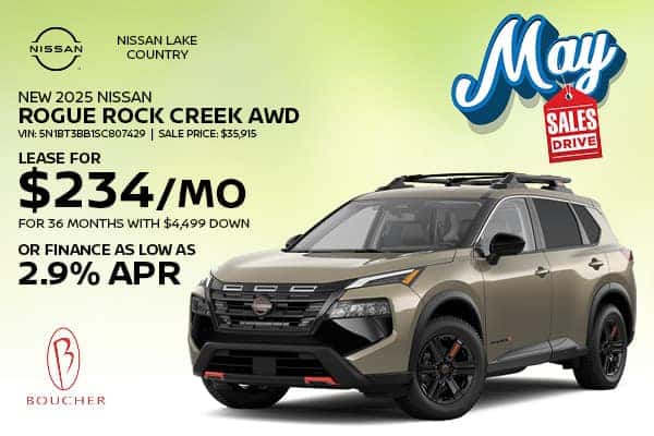 Save on a new 2025 Nissan Rogue Rock Creek AWD in Oconomowoc, WI
