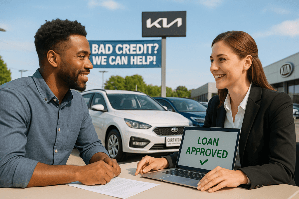 A smiling car buyer and a dealership representative sit at a table outside a Kia dealership in Queens, NY. The representative shows a laptop screen with “LOAN APPROVED” in bold green letters. Behind them are several parked cars and a sign that reads “BAD CREDIT? WE CAN HELP!” under a Kia logo, emphasizing car financing options for people with poor credit.