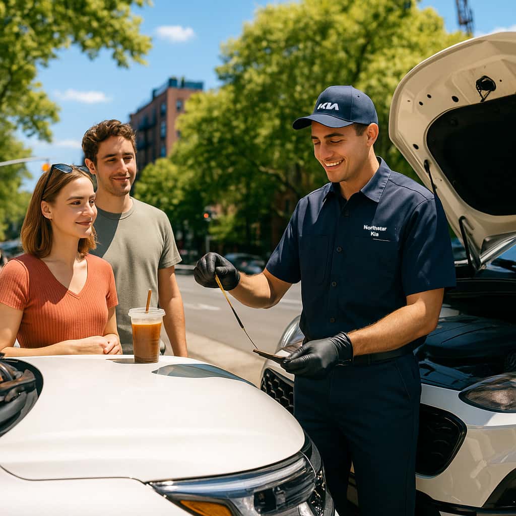 A smiling Northstar Kia mechanic checks the oil level of a white Kia SUV on a sunny New York City street, while a young couple watches nearby. The woman rests her hands on the car beside an iced coffee, and the scene is framed by green trees and bright blue skies, reflecting a warm mid-summer day.