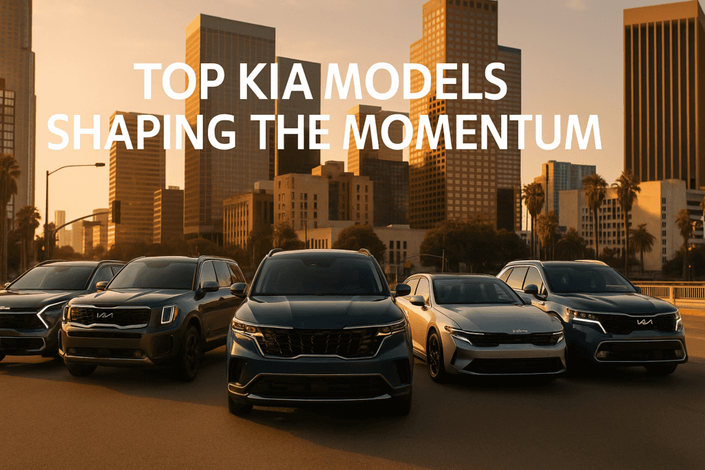 A high-resolution, landscape-oriented promotional image showing five Kia vehicles—Sportage, Telluride, Carnival SX Prestige, K4, and Sorento—parked in a stylish lineup along a city street at golden hour. The modern urban skyline in the background glows warmly, and a bold text overlay at the top reads “Top Kia Models Shaping the Momentum.”