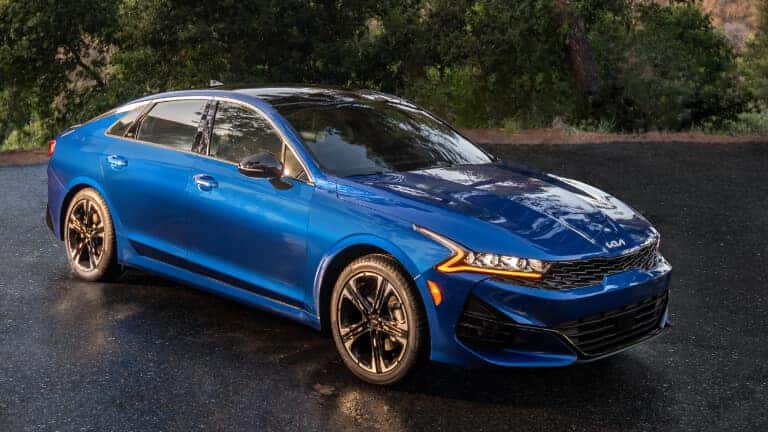 2026 Kia K5 parked in the road by a forest