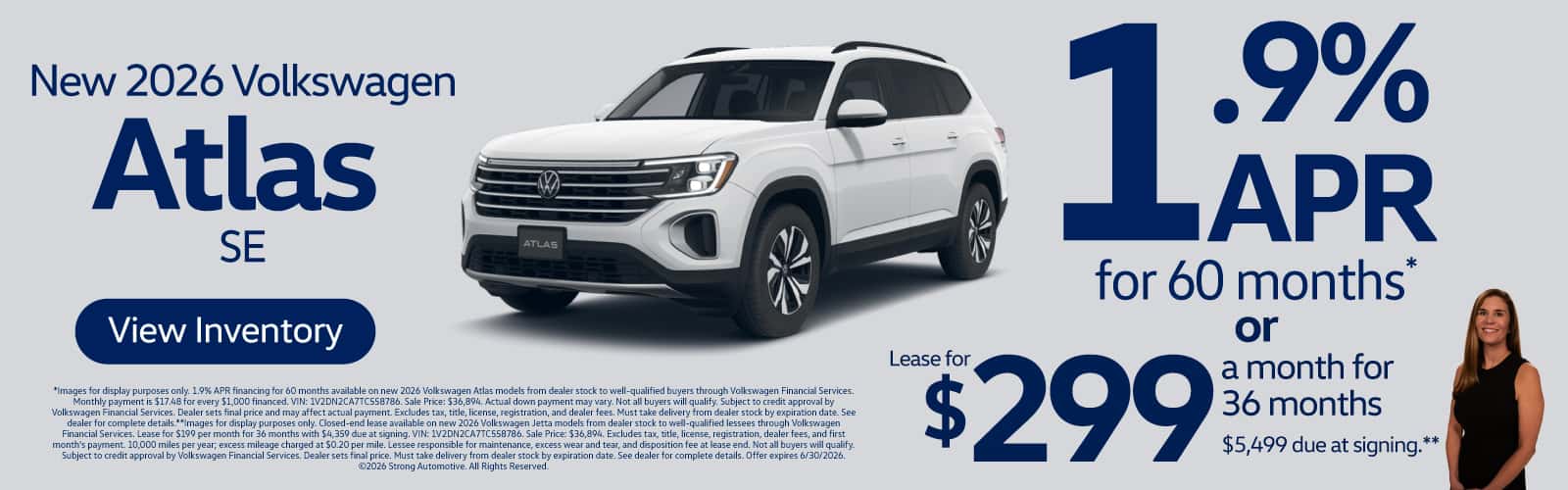 NEW 2026 VOLKSWAGEN ATLAS SE "1.9% APR FOR 60 MONTHS* OR LEASE FOR $299/MO FOR 36 MONTHS $5,499 DUE AT SIGNING** "