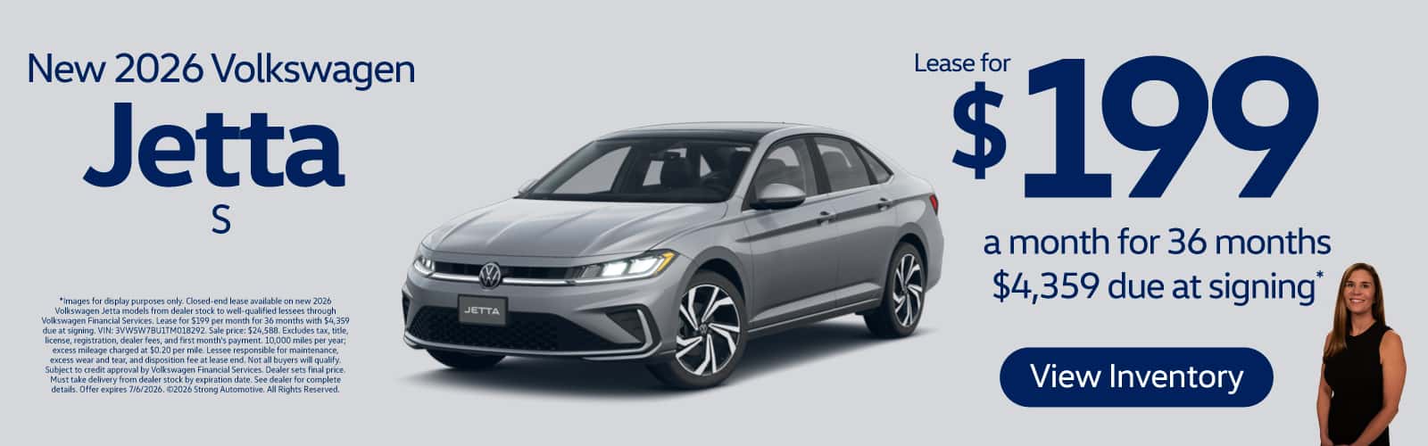 NEW 2026 VOLKSWAGEN JETTA S "LEASE FOR $199/MO FOR 36 MONTHS $4,359 DUE AT SIGNING* "