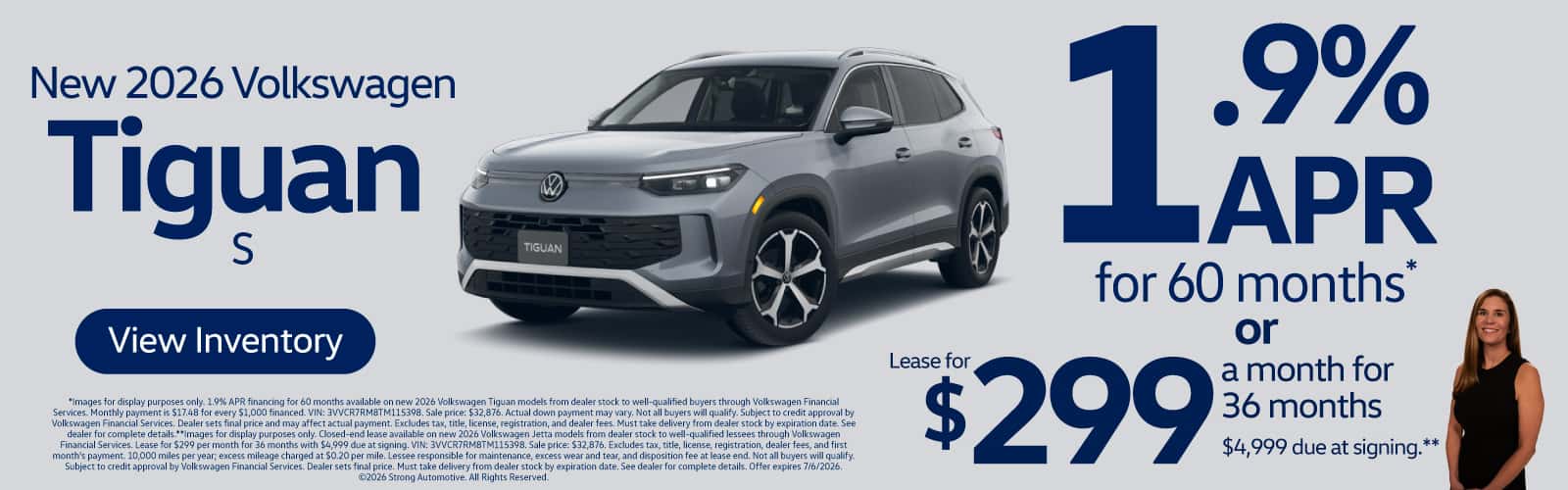 NEW 2026 VOLKSWAGEN TIGUAN S "1.9% APR FOR 60 MONTHS* OR LEASE FOR $299/MO FOR 36 MONTHS $4,999 DUE AT SIGNING** "