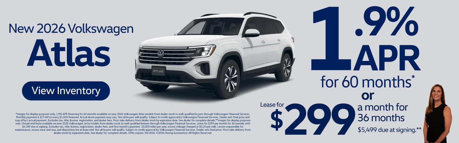 2026 Volkswagen Atlas 1.9% APR for 60 months or $299 a month for 36 months - View Inventory