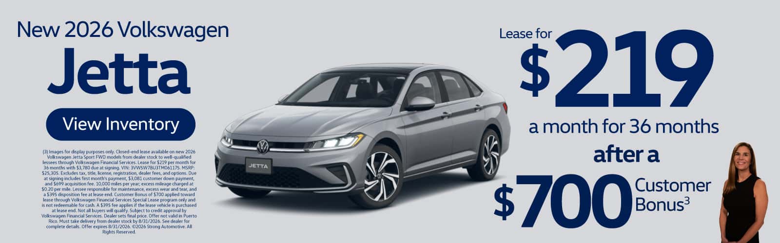 NEW 2026 VOLKSWAGEN JETTA "LEASE FOR $219/MO FOR 36 MONTHS AFTER A $700 Customer Bonus (3) "