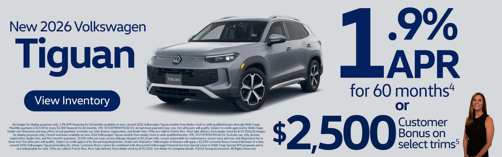 NEW 2026 VOLKSWAGEN TIGUAN "1.9% APR FOR 60 MONTHS (4) OR $2,500 Customer Bonus on select trims (5) "