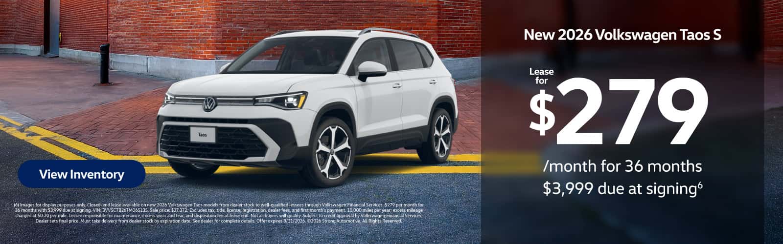 NEW 2026 VOLKSWAGEN TAOS S "LEASE FOR $279/MO FOR 36 MONTHS $3,999 DUE AT SIGNING (6) "